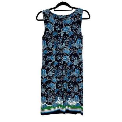 Chico’s Navy Blue Floral Point Border Print Sleeveless Shift Dress Womens US 4