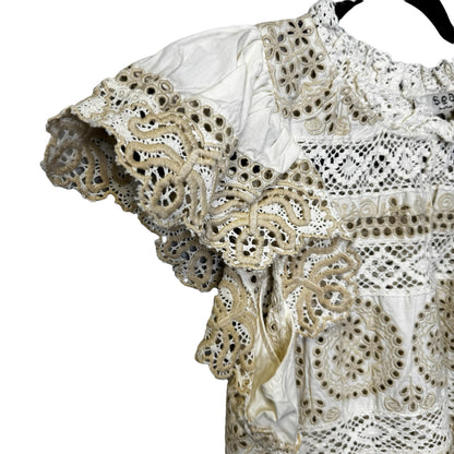 SEA New York Cream Evie Eyelet Embroidered Flutter Sleeve Top Womens Medium