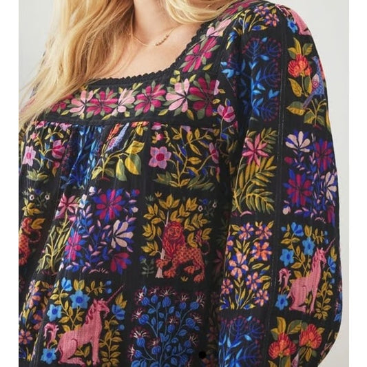 Printfresh Opening Day Patchwork Floral Multicolor Animal Print Top Womens XS