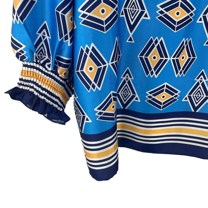 Jade Split Neck Navy Blue Yellow Geometric Print Top Womens Size Large