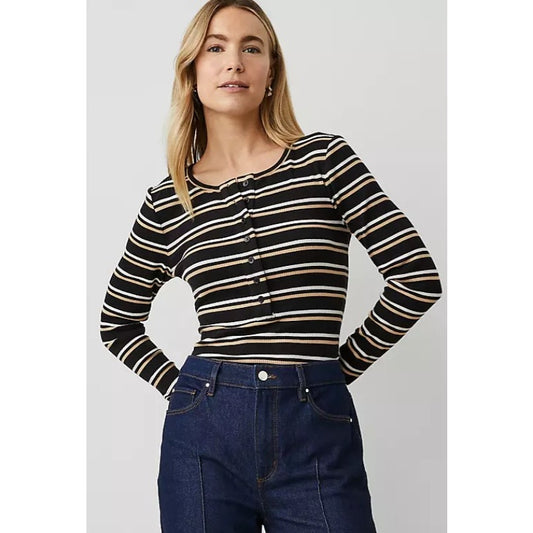 Ann Taylor Weekend Collection Black Tan Cream Stripe Henley Top Womens XXL