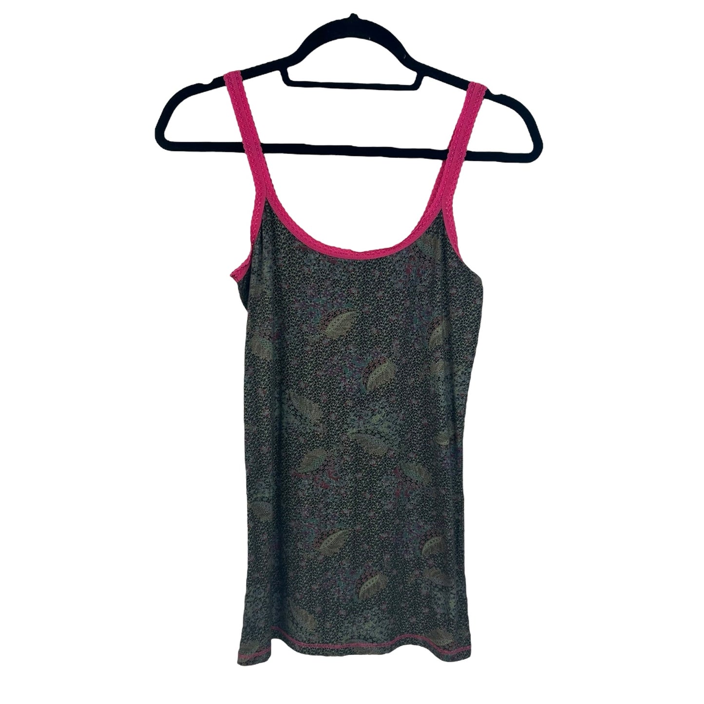 Free People Y2K Multi Leaf Print Pink Lace Trim Tank Top Cami Womens Medium