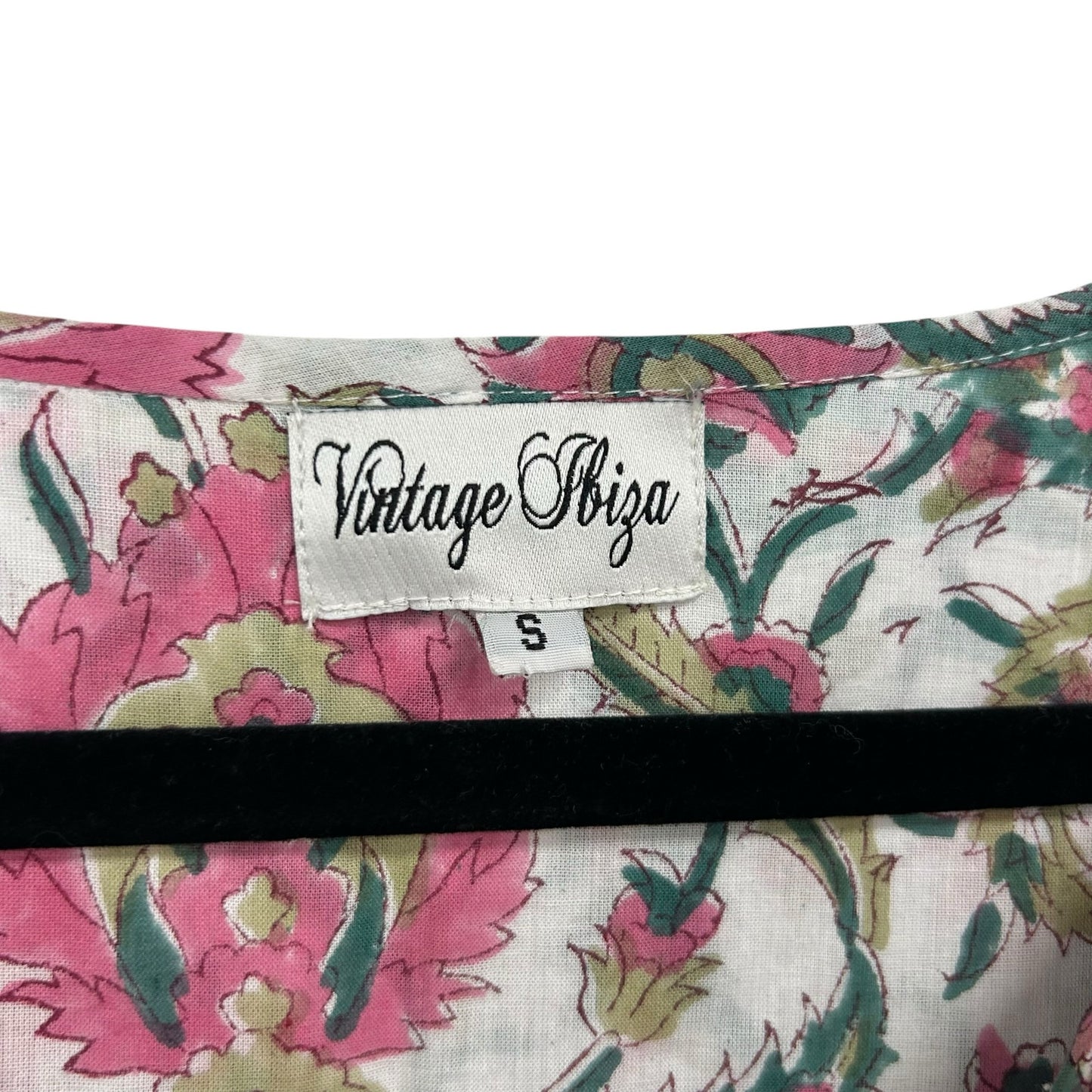 Vintage Ibiza Pink Green Floral Print Short Sleeve Cotton Dress Womens Small