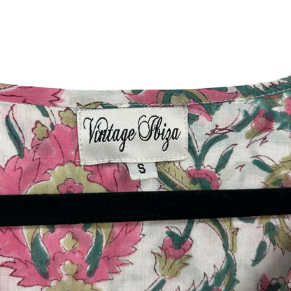 Vintage Ibiza Pink Green Floral Print Short Sleeve Cotton Dress Womens Small