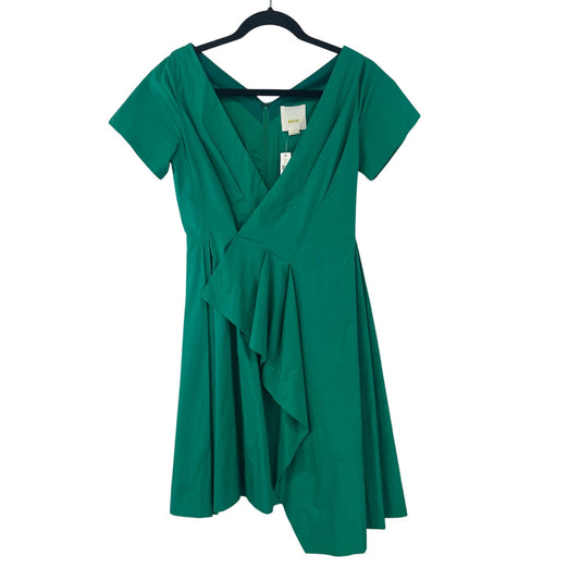 NWT Anthropologie Maeve Short Sleeve V Neck Ruffle Pleated Dress Green Womens 2