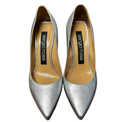 Sergio Rossi Silver Metallic Patent Leather Pointed Toe Pumps Womens 6