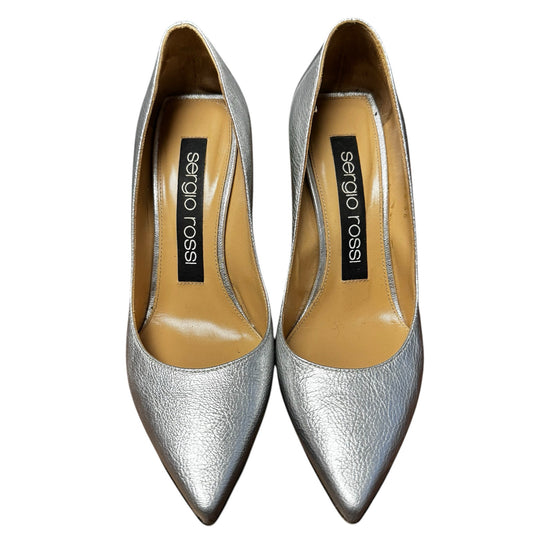 Sergio Rossi Silver Metallic Patent Leather Pointed Toe Pumps Womens 6