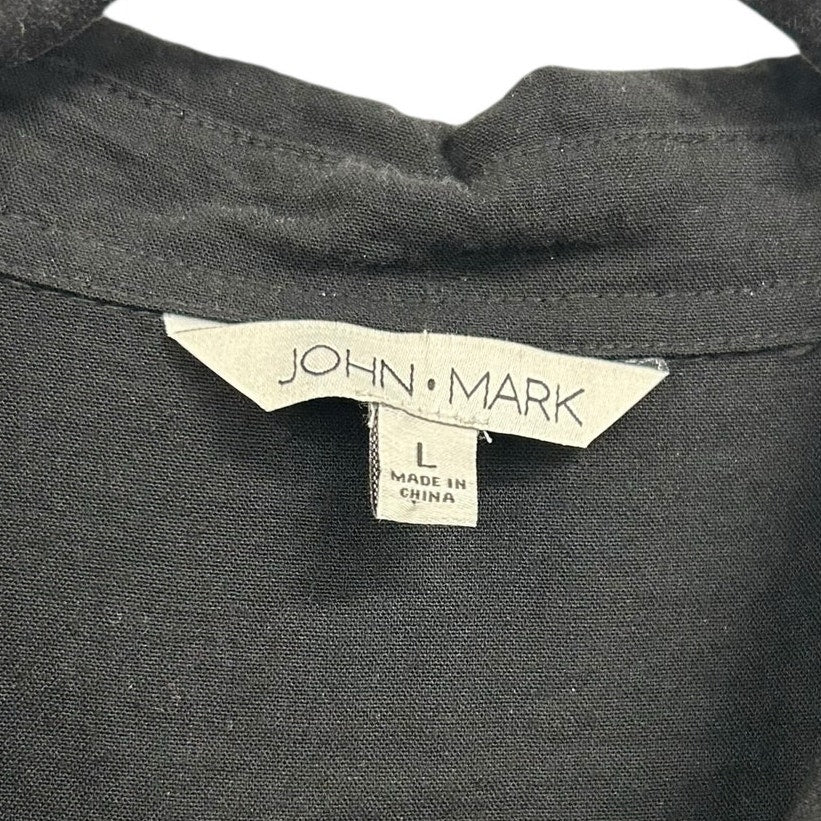 NWT John Mark Black Roll Tab Sleeve Button Up Ruffle Back Top Womens Large