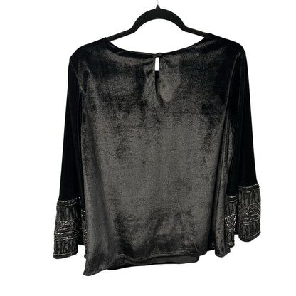Oliphant Black Beaded Sequin Embellished Velvet Long Sleeve Top Womens Medium