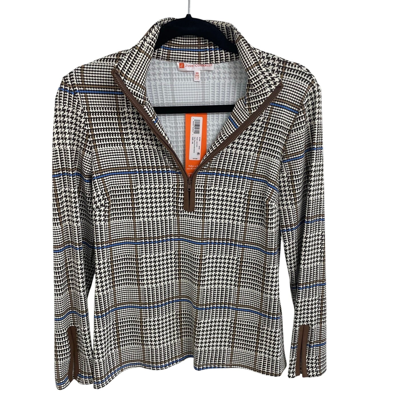 NWT Jude Connally Aspen Jude Cloth Glen Plaid Chocolate Saddle Half Zip Top XS