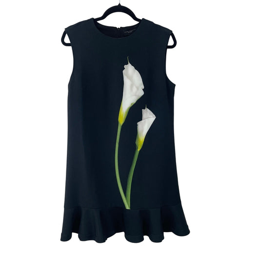Victoria Beckham Black Calla Lily Shift Dress Floral Ruffle Hem Womens Medium