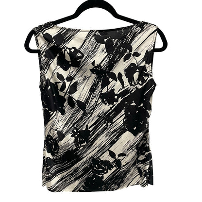 St. John Pure Silk Black White Floral Striped Sleeveless Draped Neck Top Small?