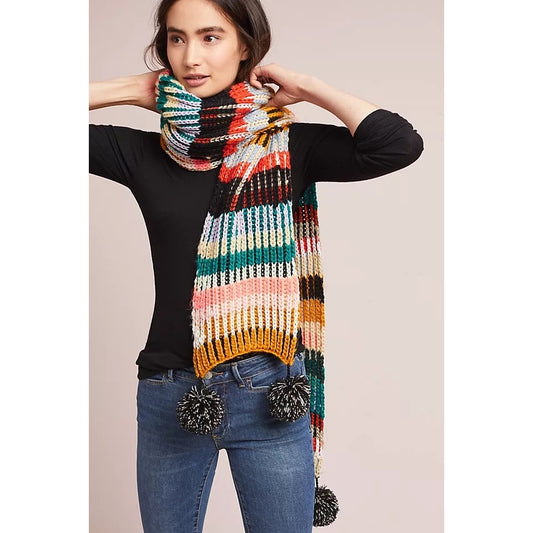 Anthropologie x Caroline Kaufman Acrylic Blend Multicolor Pom Pom Knit Scarf