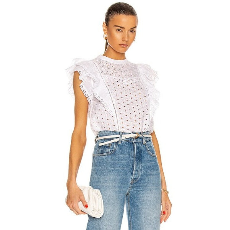 NWT Veronica Beard White Jie Ruffle Embroidered Eyelet Cotton Top Womens 10