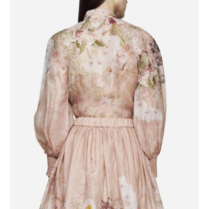 NWT Zimmermann Blush Dancer Floral Long Sleeve Silk Linen Blouse Womens 1 / US 6
