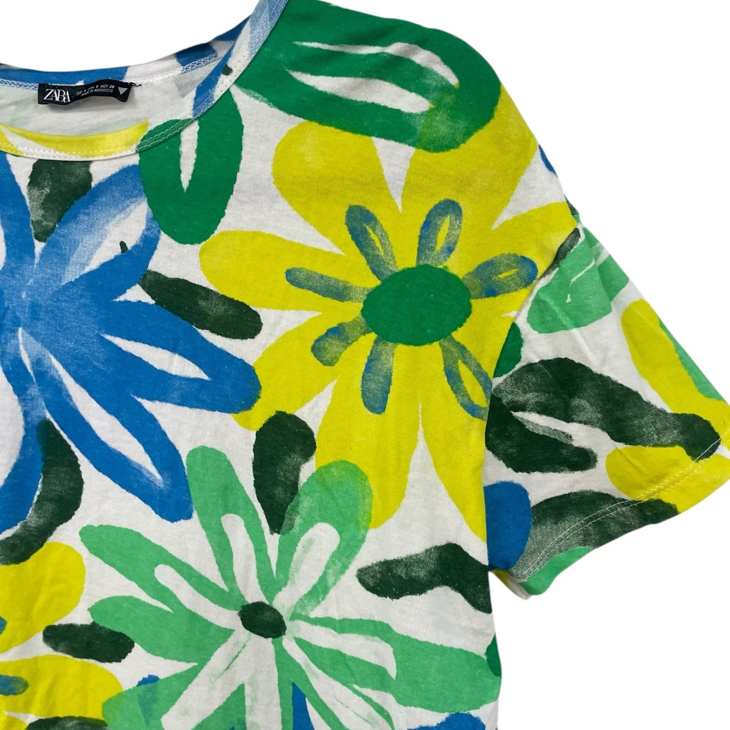 Zara Blue Green Yellow Bold Floral Print Short Sleeve Cropped Tee Womens Small