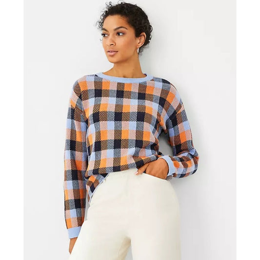 Ann Taylor Blue Orange Plaid Jacquard Pullover Crewneck Sweater Womens Medium