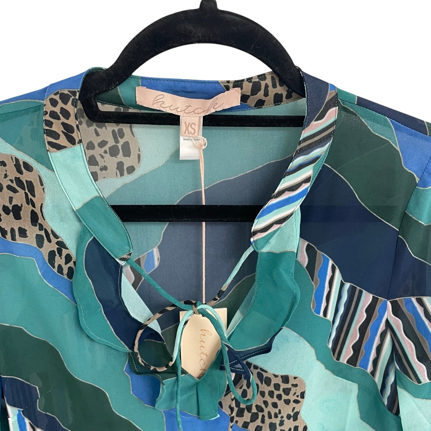 NWT Hutch Sheer Tie Front Blue Green Animal Mixed Print Long Sleeve Top Size XS