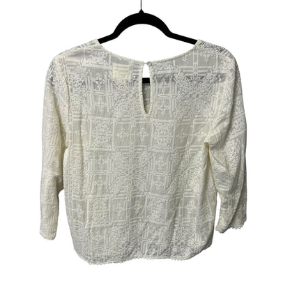 Maeve Ivory Textured Semi Sheer Rayon 3/4 Sleeve Crochet Trim Top Womens Small