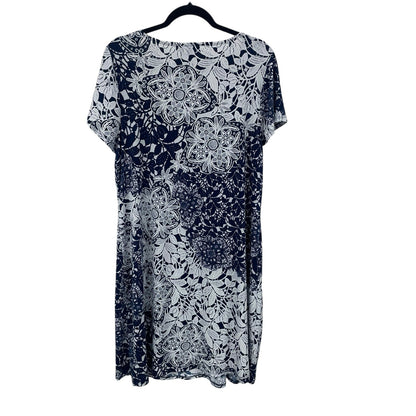 MSK Navy White Floral Print Short Sleeve Shift Dress Womens Plus Size 1X