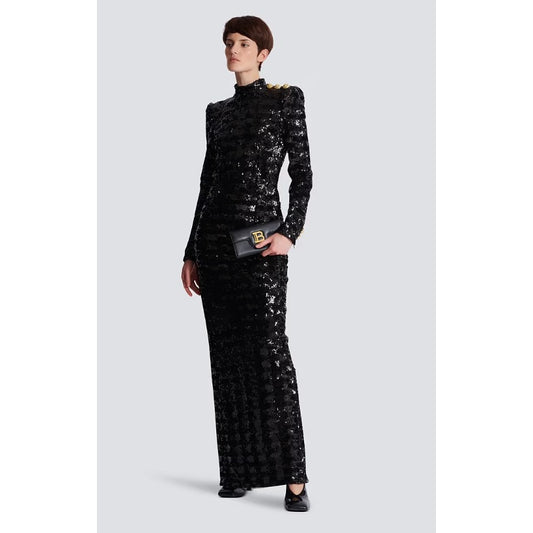 NWT Balmain Black Sequin Gold Button High Collar Fitted Long Maxi Dress Women 36