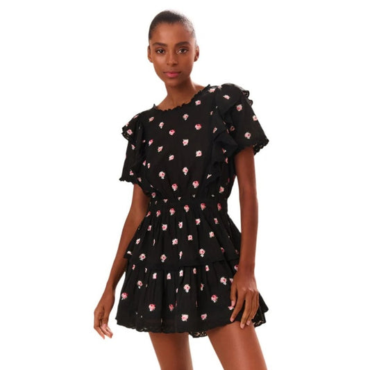 LoveShackFancy Short Sleeve Ruffle Mini Natasha Dress Black Combo Floral Size XS