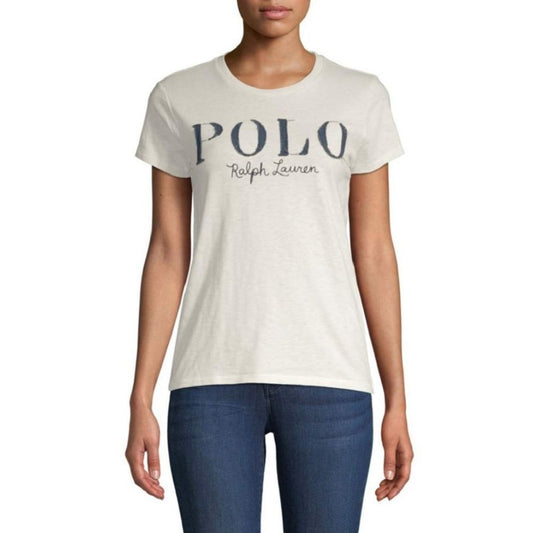 NWT Polo Ralph Lauren White Navy Embroidered Short Sleeve Top Womens Small