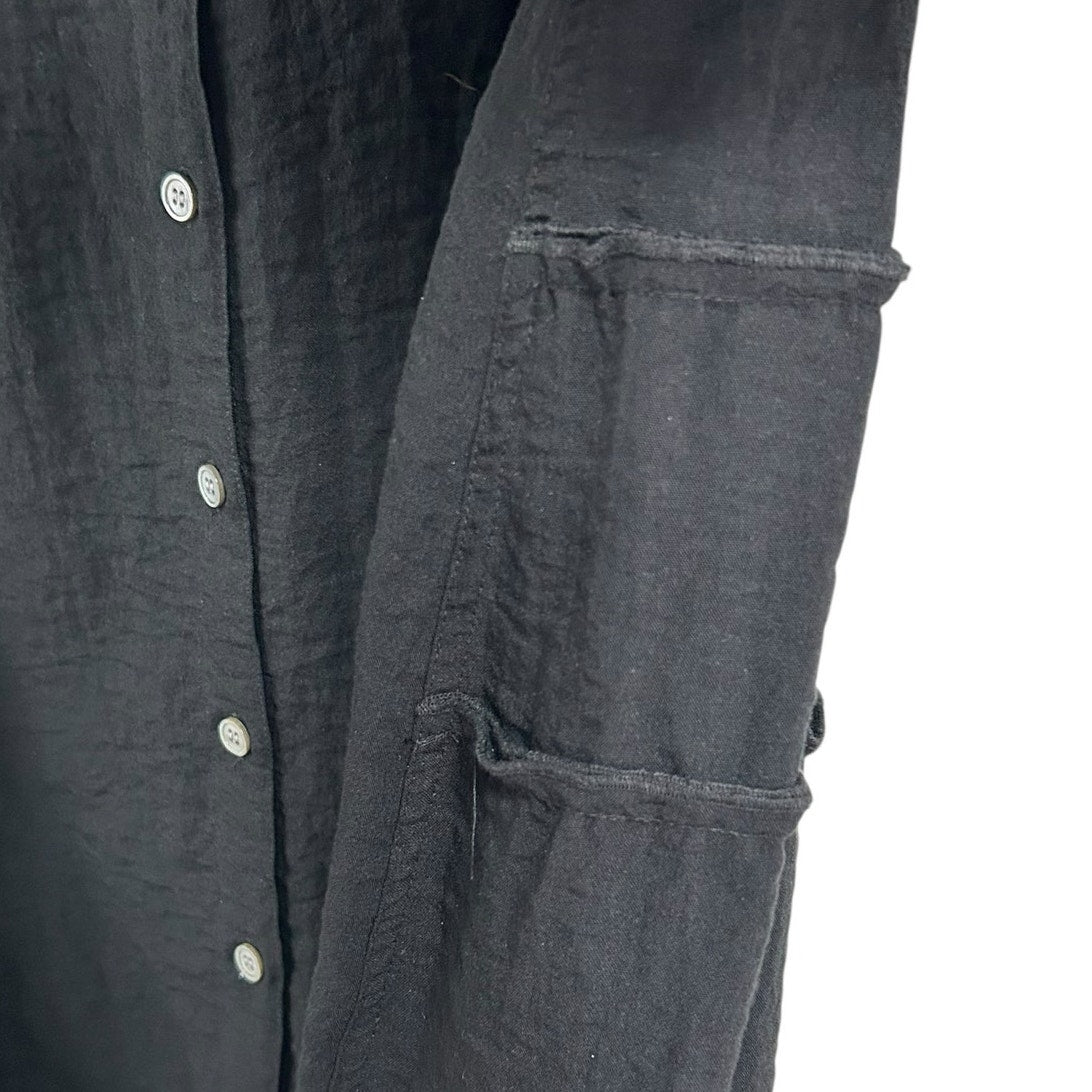 NWT John Mark Black Roll Tab Sleeve Button Up Ruffle Back Top Womens Large