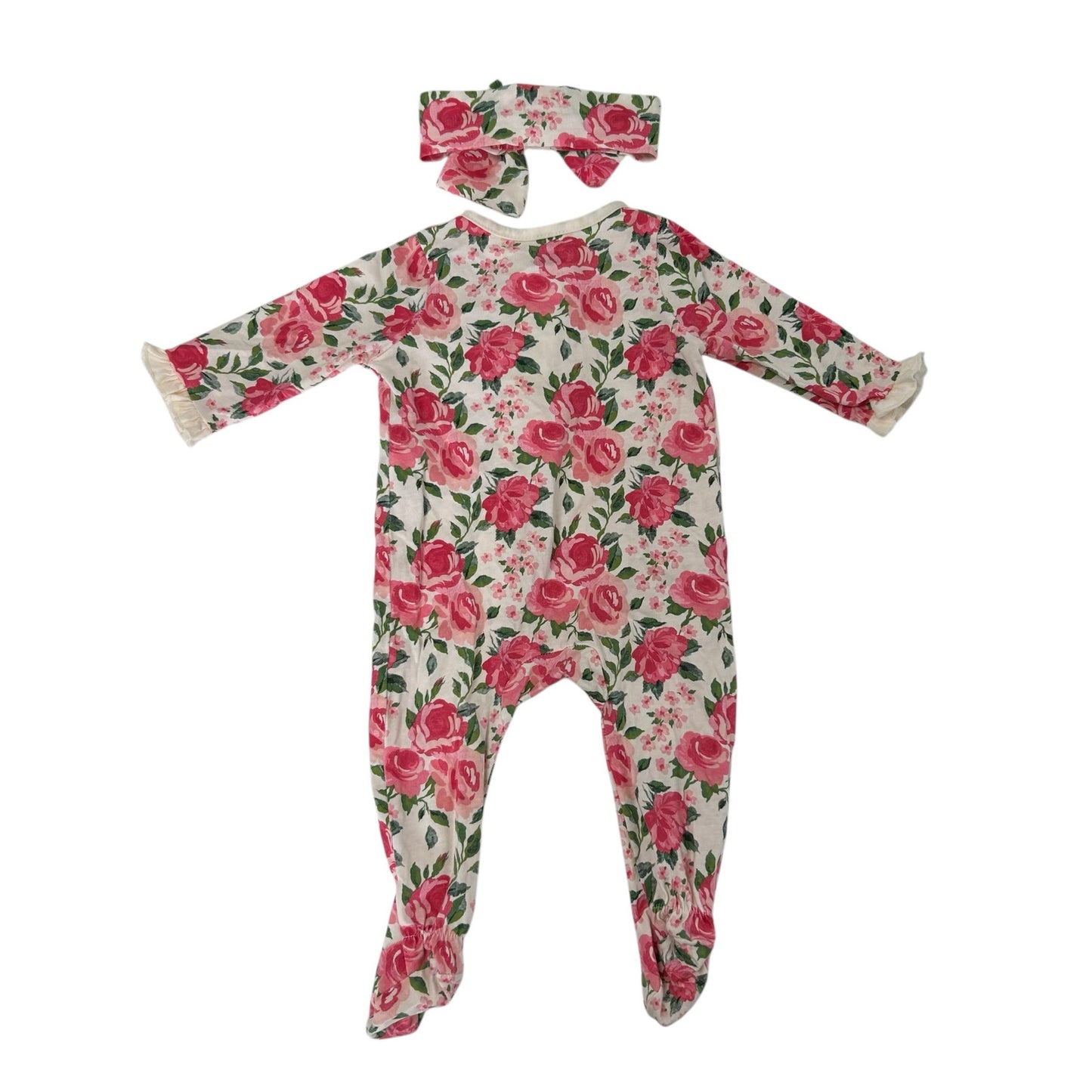 Mud Pie Rose Print Baby Cotton Sleeper Set with Headband Girls 3-6 Months