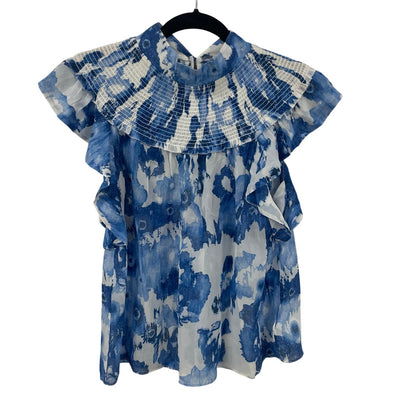 Joie 100% Silk Ruffle Sleeve Orville Top Blue Porcelain Floral Print Size Small