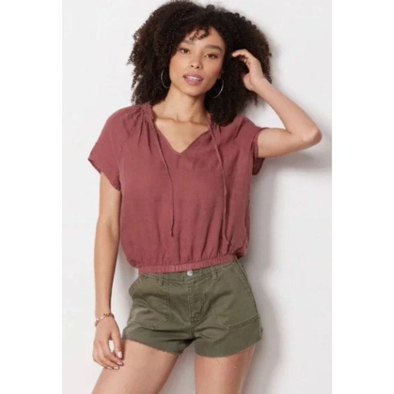 Cloth & Stone 100% Linen Rust Short Sleeve Ruffle Front Tie Top Womens Small