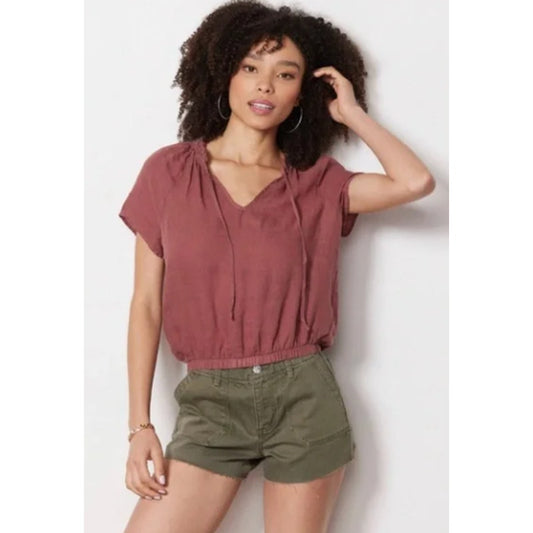 Cloth & Stone 100% Linen Rust Short Sleeve Ruffle Front Tie Top Womens Small