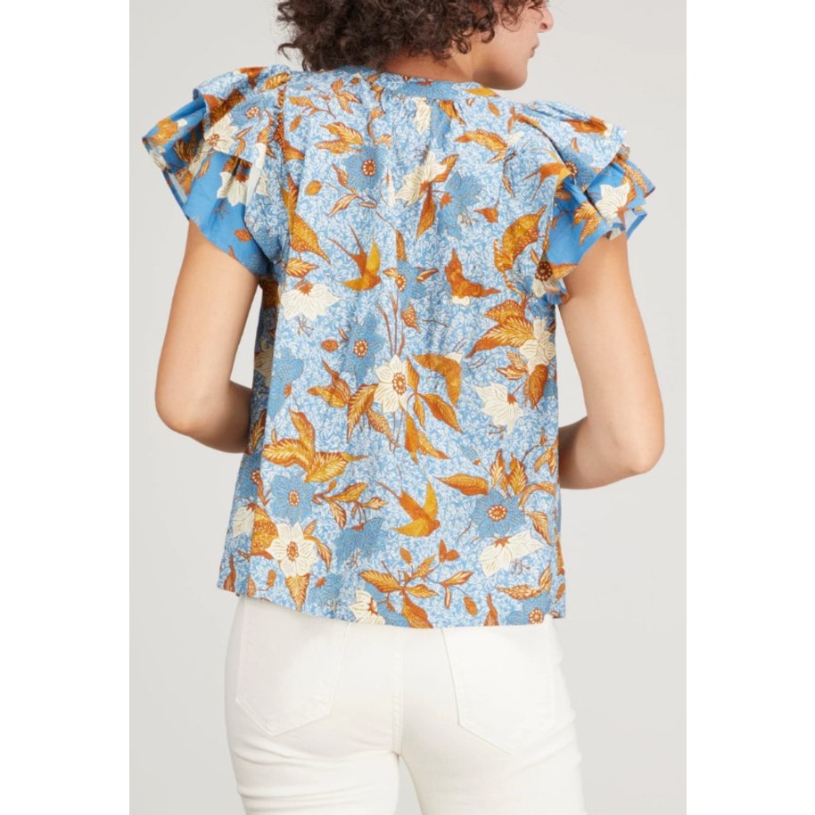 Ulla Johnson Blue Orange Floral Flutter Sleeve V Neck Cotton Top Womens 8