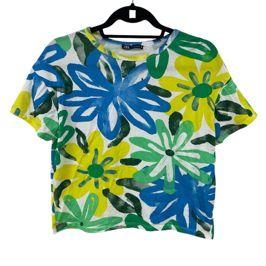 Zara Blue Green Yellow Bold Floral Print Short Sleeve Cropped Tee Womens Small
