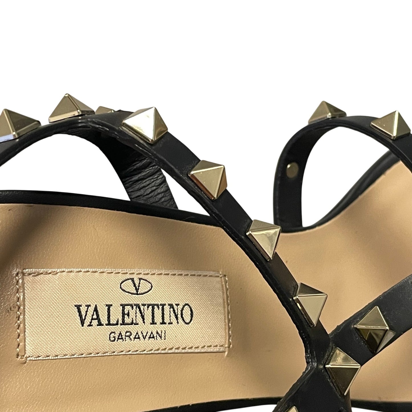 Valentino Garavani Rockstud Block Heel Gladiator Sandals Black Gold 39 / US 9