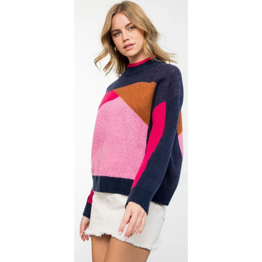 THML Navy Pink Geometric Colorblock Print Mock Neck Sweater Womens Size XS