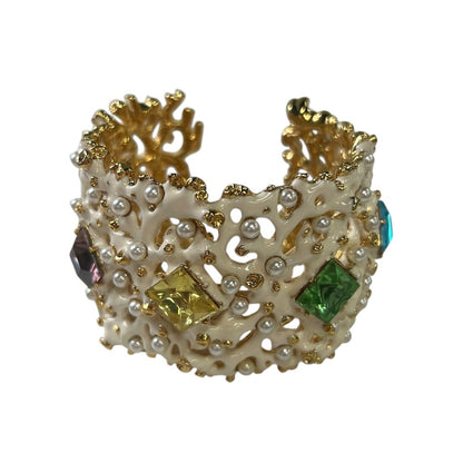 KJL by Kenneth Jay Lane Coral Enamel Pearl & Gem Embellished Cuff Bracelet