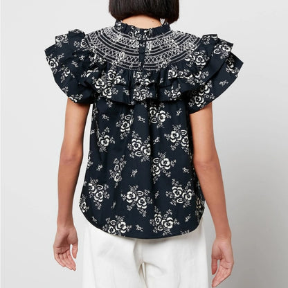 SEA New York Black White Floral Flutter Ruffle Sleeve Alessia Top Womens Medium