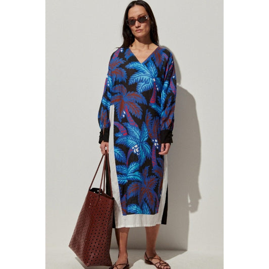 NWT Rachel Comey Black Blue Long Sleeve V Neck Linen Midi Shift Dress Womens M/L