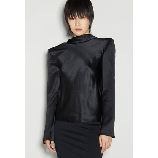 NWT Saint Laurent Black Long Sleeve High Neck Cowl Back Silk Blouse Womens 4