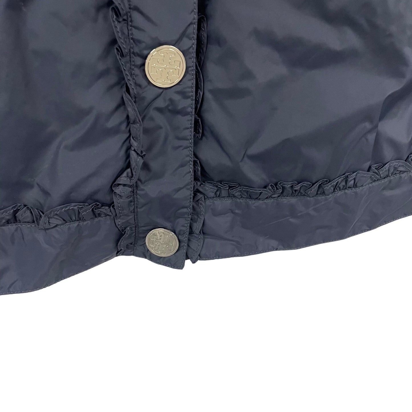 Tory Burch 100% Nylon Snap Button Up Hooded Rain Jacket Navy Blue Womens 6