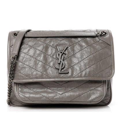 Yves Saint Laurent Fog Grey Crinkled Calfskin Monogram Niki Chain Satchel
