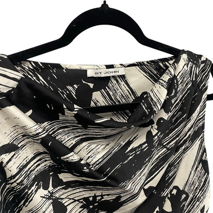 St. John Pure Silk Black White Floral Striped Sleeveless Draped Neck Top Small?