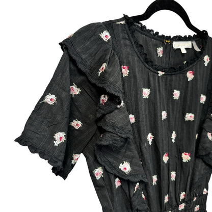 LoveShackFancy Short Sleeve Ruffle Mini Natasha Dress Black Combo Floral Size XS