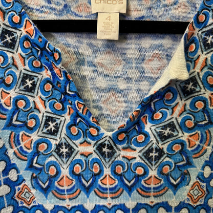 Chico’s Blue Orange Geometric Print Short Sleeve V Neck Ramie Top Womens 20