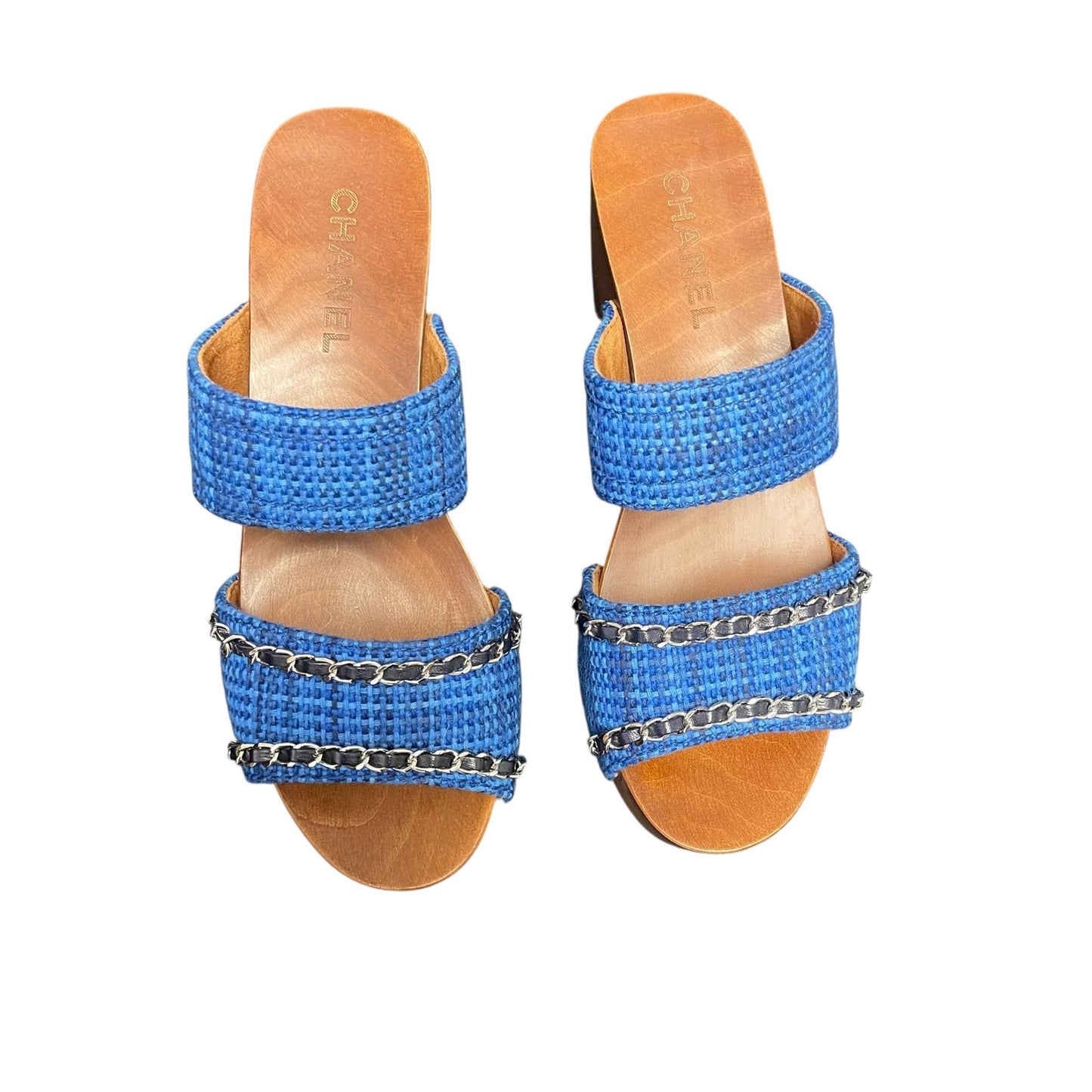Chanel Chain Platform Slide Sandals Tweed Wood Heel Blue Brown Womens 40 / US 9
