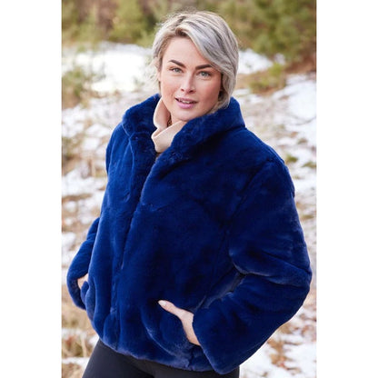 NWT Pretty Rugged Faux Fur Bomber Jacket Coat in Marine Navy Blue Womens Medium