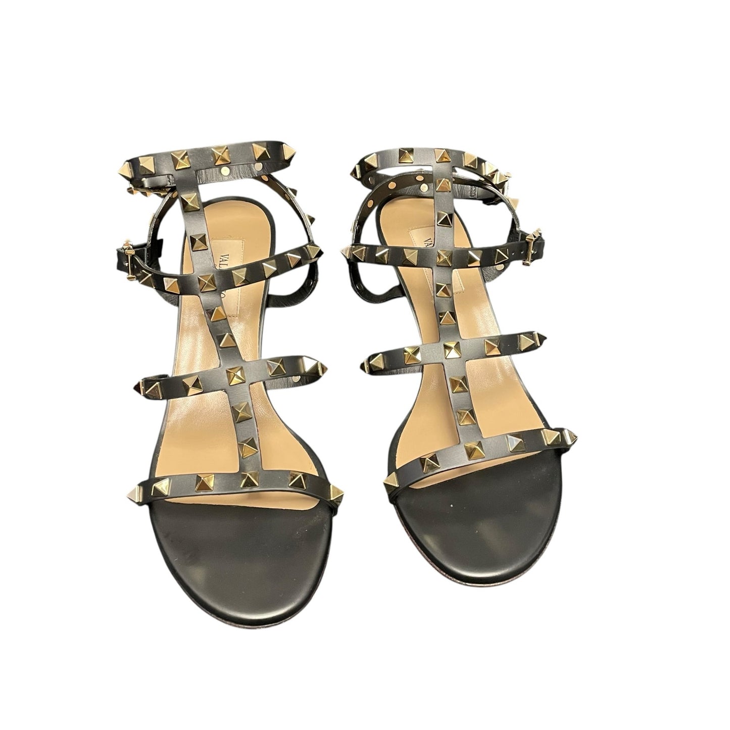 Valentino Garavani Rockstud Block Heel Gladiator Sandals Black Gold 39 / US 9