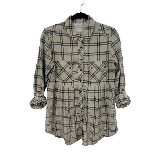 Johnny Was Workshop Tan Black Plaid Babydoll Button Up Shirt Womens Small