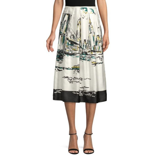 NWT Lafayette 148 White Black Sabilla Print Pleated Midi Skirt Womens 16